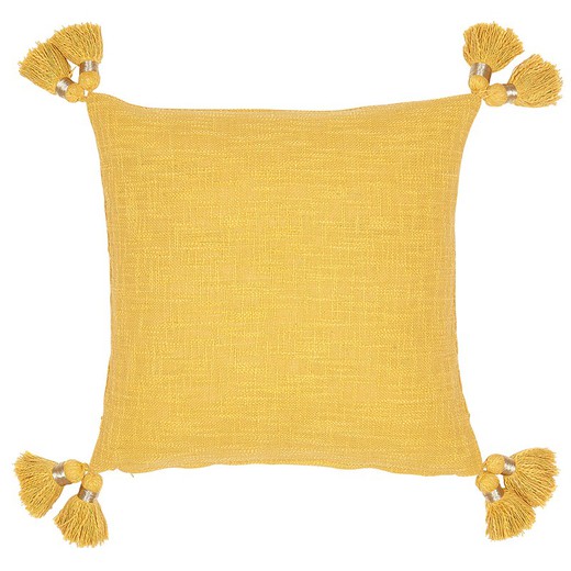 Hand-spun organic cotton cushion cover with orange tassels 45 x 45 cm