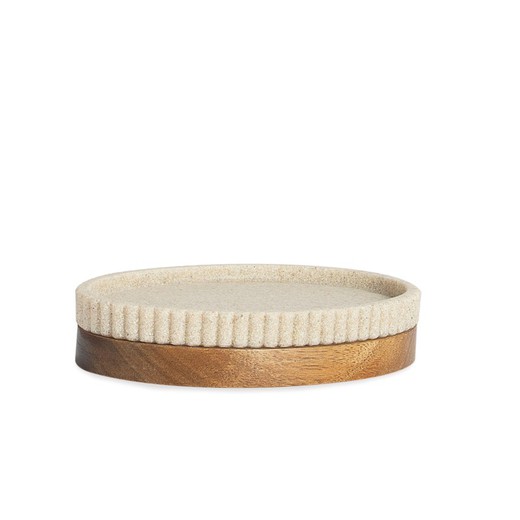 Beige/natural polyresin and acacia soap dish, 14 x 9.5 x 3 cm | Striped