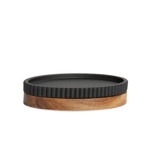 Porte-savon en polyrésine et acacia noir/naturel, 14 x 9,5 x 3 cm | Rayé