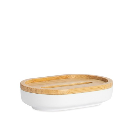 Porte-savon blanc/naturel en polyrésine et bambou, 13 x 8,5 x 3 cm | Bambou