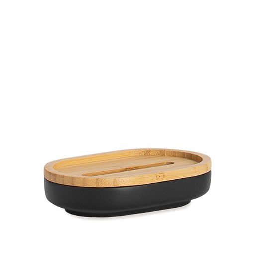 Black/natural polyresin and bamboo soap dish, 13 x 8.5 x 3 cm | Bamboo