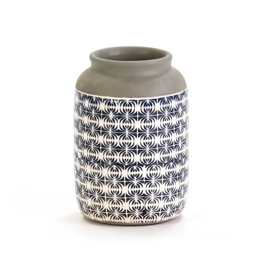 Blå, hvid og grå keramisk vase, 17x17x26 cm