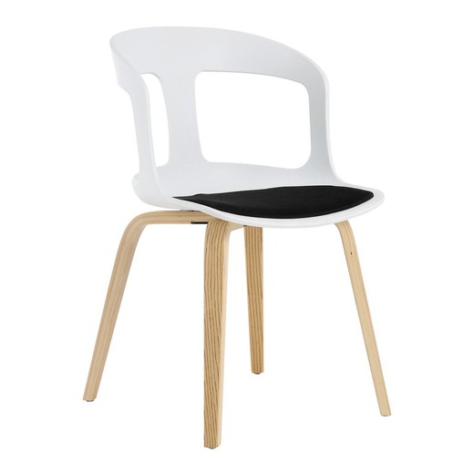 JORITZ-stoel van natuurlijk essenhout en wit polycarbonaat. Inclusief zwart kussen, 46 x 53 x 81 cm