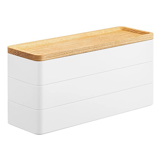 Joyero con 3 niveles de ABS y madera en blanco y natural, 24 x 8,5 x 12,5 cm | Rin