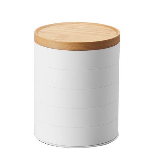 Sieradendoos met 5 niveaus van ABS en hout in wit en naturel, Ø 10 x 12,5 cm | Tosca