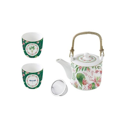 Multicolored porcelain teapot and 2 glasses set | botany