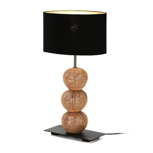 Lámpara de sobremesa metal y coco natural con pantalla negra, 30x14x45 cm