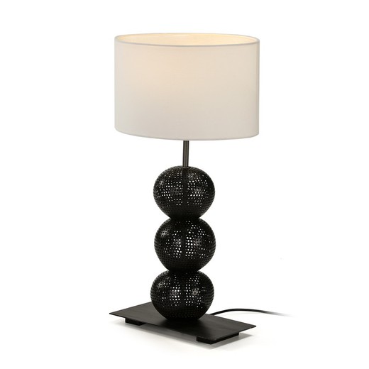 Lámpara de sobremesa metal y coco negro con pantalla blanca, 30x14x45 cm