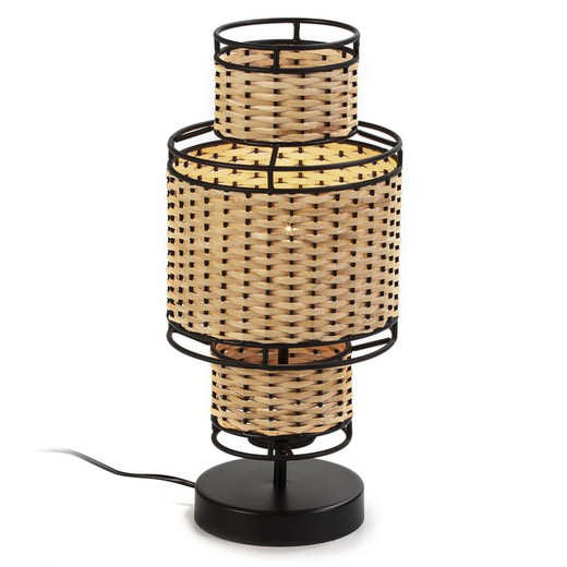 Lampada da tavolo in metallo nero e rattan naturale, 26x26x55 cm