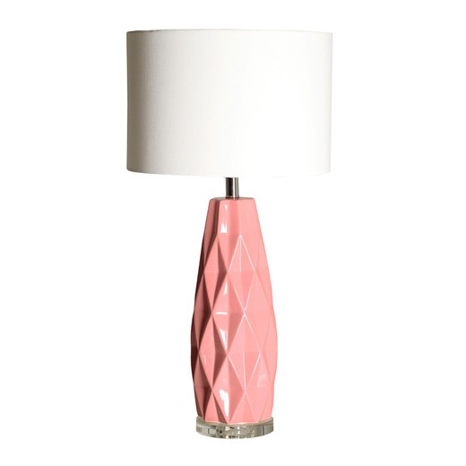 Greta tafellamp in ijzer, keramiek en linnen in roze/wit, 38 x 38 x 74 cm