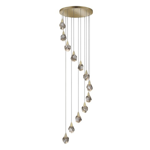 Ceiling lamp with 12 LED lights in glass and gold metal, Ø 62 x 250 cm | Aquaria