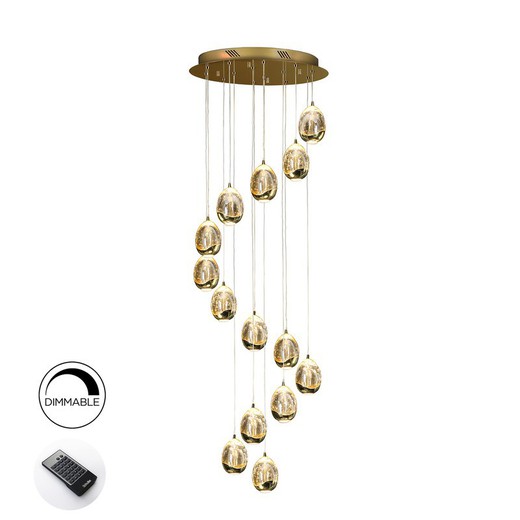 Taklampa, med 14 lampor, gjord av metall och glas i guld, 50 x 170 cm | Dagg