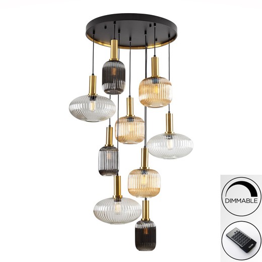 Taklampa med 9 lampor i flerfärgat glas och metall, Ø 80 x 155 cm | Regel