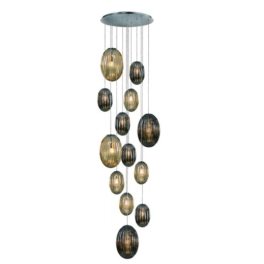 Plafondlamp met 13 lampjes in metaal en glas Ovila, Ø96x300cm