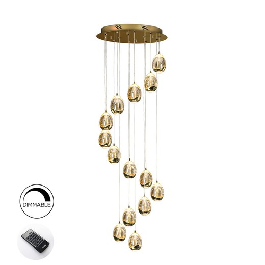 Lampa sufitowa z 14 lampkami z metalu i szkła Dew Gold, Ø50x170cm