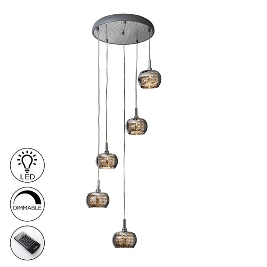 Loftslampe med 5 lys af stål og Arián spejlglas, Ø43x65cm