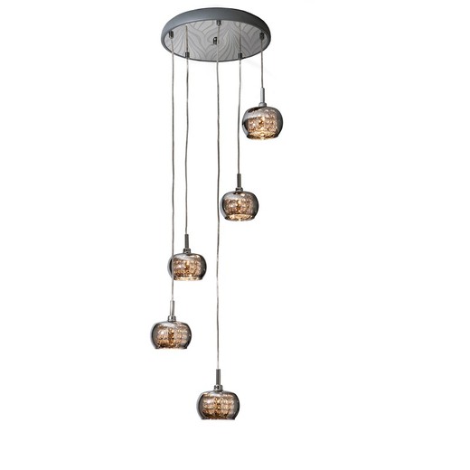 Taklampa med 5 lampor av stål och Arián spegelglas, Ø43x65cm