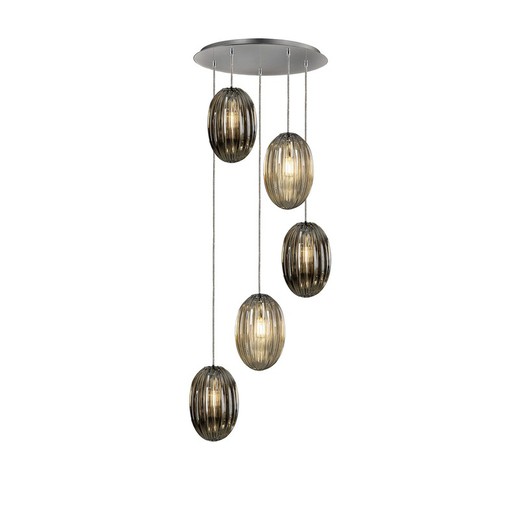 Plafondlamp met 5 lampjes in metaal en glas Ovila, Ø60x160cm