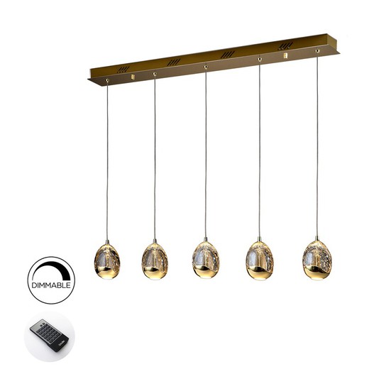 Lámpara de techo, con mando y 5 luces, de metal y cristal en dorado, 96 x 9 x 95 cm | Rocío