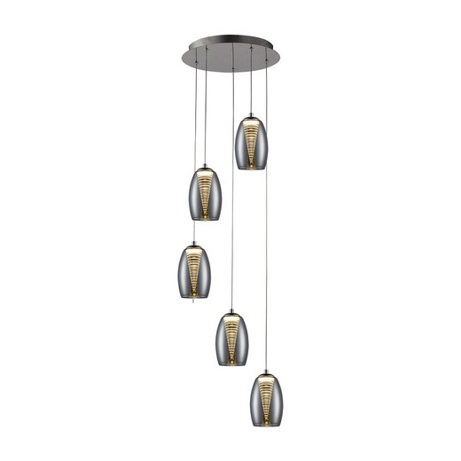 Ceiling Lamp with 5 Led Metal and Glass Nebula Mirrored lights, Ø35x130cm