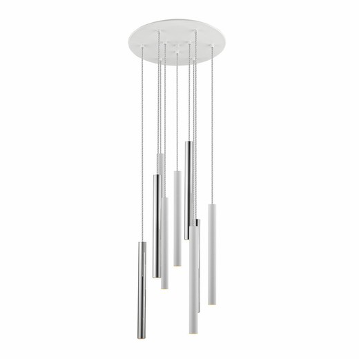 Lámpara de techo, con 9 luces, de metal blanco y plateado, Ø 42 x 110 cm | Varas