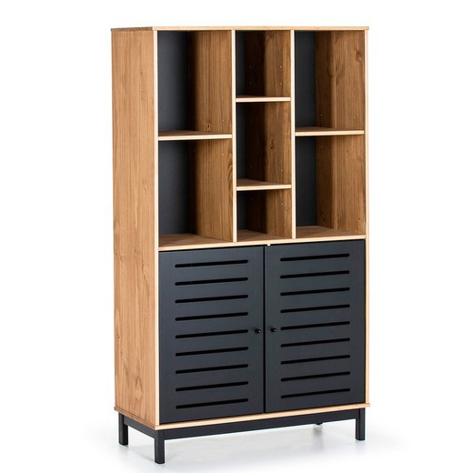 Natural finish and black lacquered wood bookcase, 90 x 40 x 160 cm