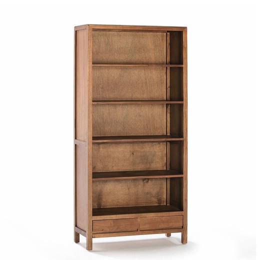 Libreria in legno naturale velato con 5 ripiani e 2 cassetti, 90x40x190 cm