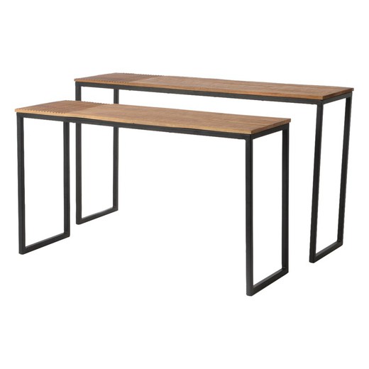 MARTELE-Set of 2 wooden and black and natural metal consoles, 43x141x81 cm