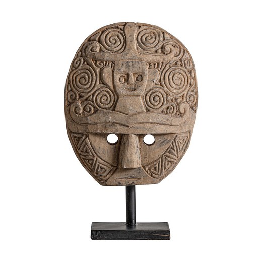 Maschera Orientale in Legno Tropicale e Ferro Naturale/Nero, 30x30x45 cm.