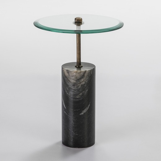 Mesa auxiliar de cristal, metal y mármol negro 39x39x57 cm