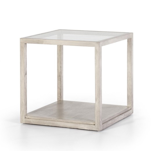 Mesa auxiliar cristal y madera gris velado 60x60x60 cm