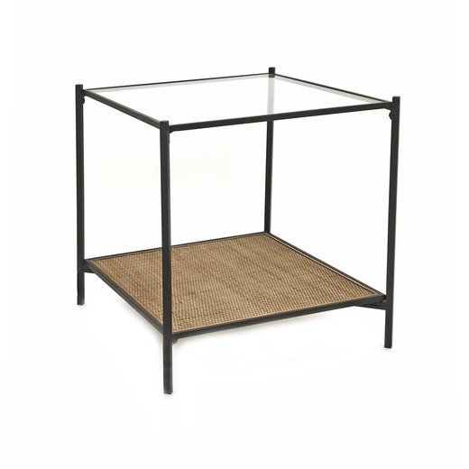 Oksama L Kwadratowy stolik pomocniczy z metalu, szkła i czarnego/naturalnego rattanu, 56x56x65 cm