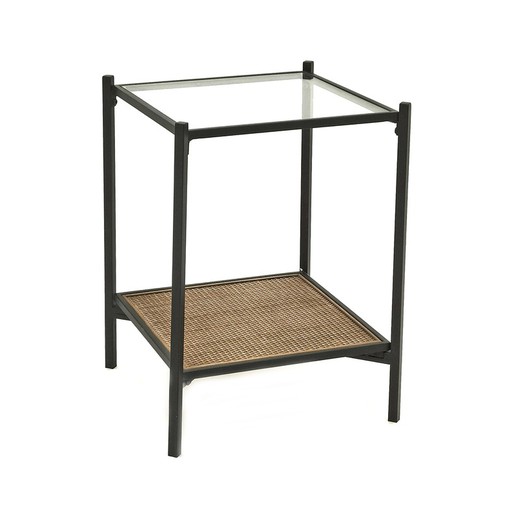 Βοηθητικό τραπέζι Oksama S Τετράγωνο μέταλλο, γυαλί και μαύρο/φυσικό ρατάν, 37x37x55 cm