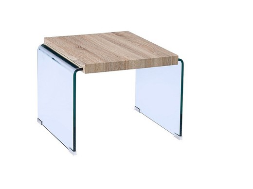 Tavolino Quadrato Osiris in Legno e Vetro Curvato Naturale/Trasparente, 55x55x40 cm