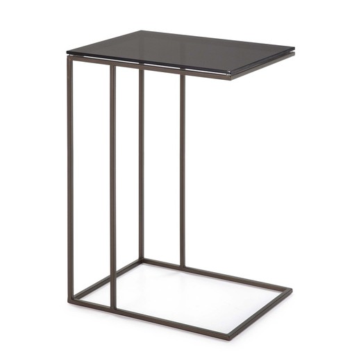 Side table in smoked glass and brown metal, 45x35x67 cm