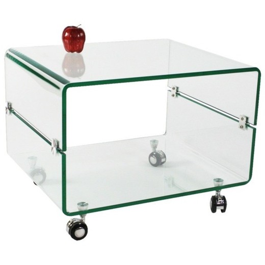 Curved glass side table with wheels, 60 x 40 x 44 cm
