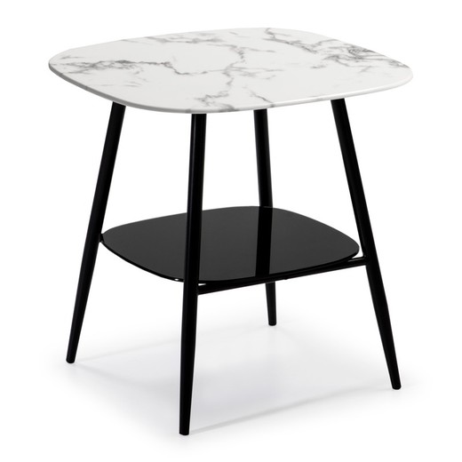 White marble effect glass side table, 55 x 55 x 55 cm