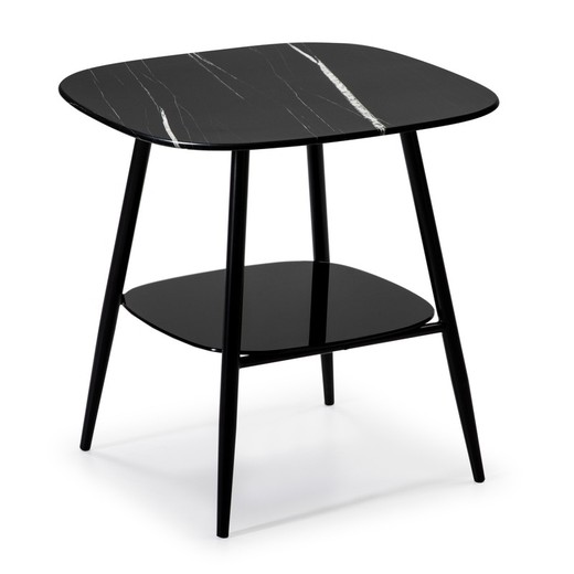 Black marble effect glass side table, 55 x 55 x 55 cm