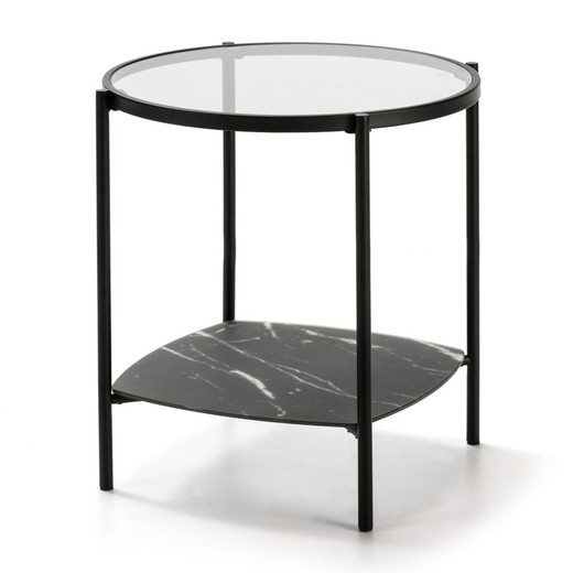 Mesa Auxiliar de Cristal y Base Efecto Mármol Negro Ø49x49 cm