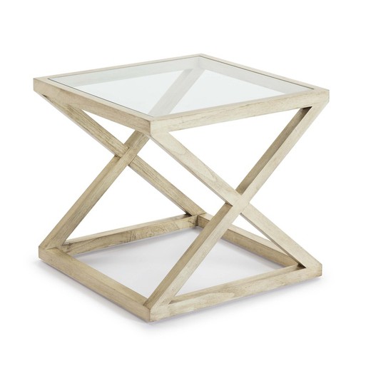 Mesa auxiliar de cristal y madera blanco velado, 60x60x55 cm