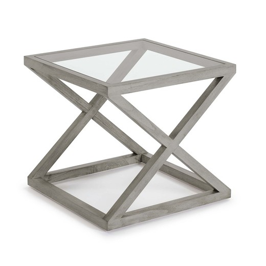 Tavolino in vetro e legno grigio, 60x60x55cm