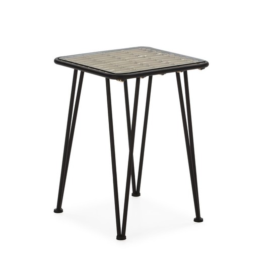 Glass Side Table, Black Metal and Rattan, 41x41x57 cm