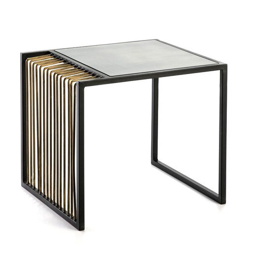 Aged mirror and gold and black metal side table, 56x48x51 cm