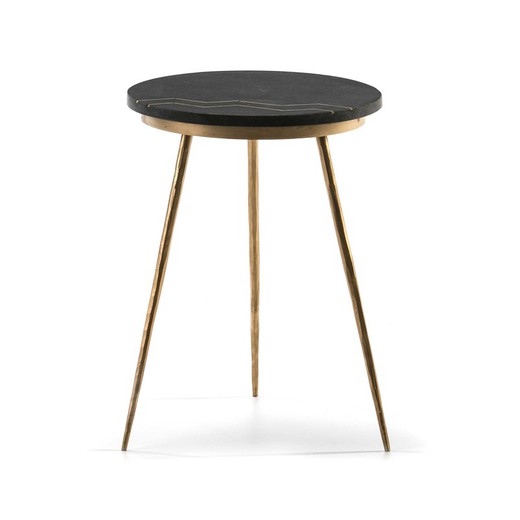 Side Table in Metal and Black/Golden Granite, Ø37x50cm