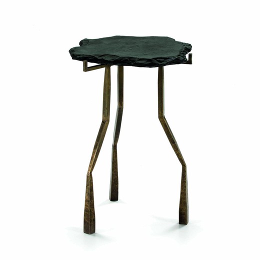 Table d'appoint en pierre noire et métal doré, 49x46x65 cm