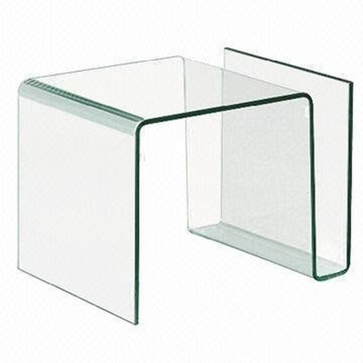 Mesa auxiliar de cristal transparente curvado con revistero.