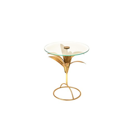 Tavolino Oro/Vetro Trasparente e Foglie di Metallo, Ø45x52 cm