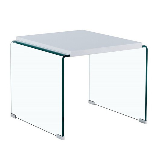 Mesa lateral lacada a branco e vidro, 60 x 63 x 48 cm