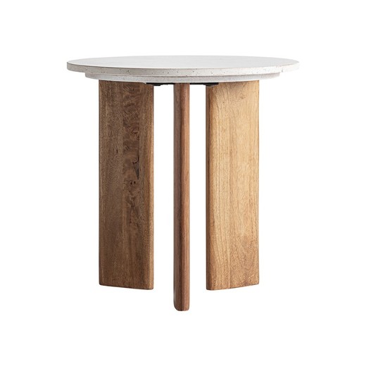 Table d'appoint ronde en terrazzo et bois de manguier en blanc et naturel, 51 x 51 x 51 cm | Arlanc