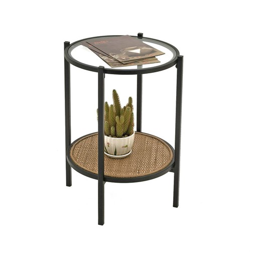 Tavolino rotondo Oksama in metallo, vetro e nero/rattan naturale, Ø37x55 cm